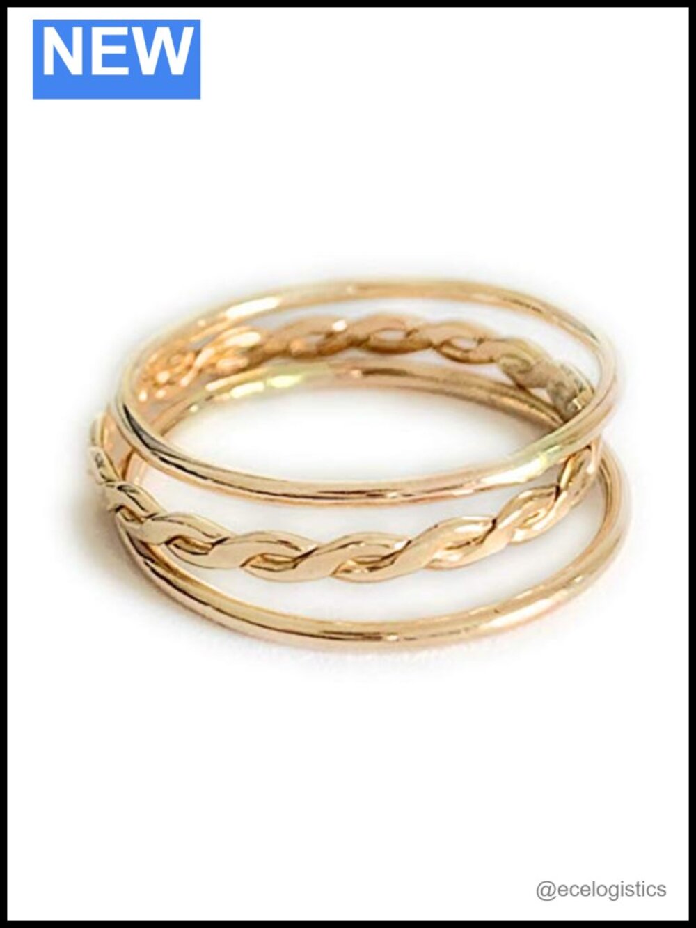 14K Gold Fill Stackable Ring Set of 3 Skinny Band Braid Unisex Size 5